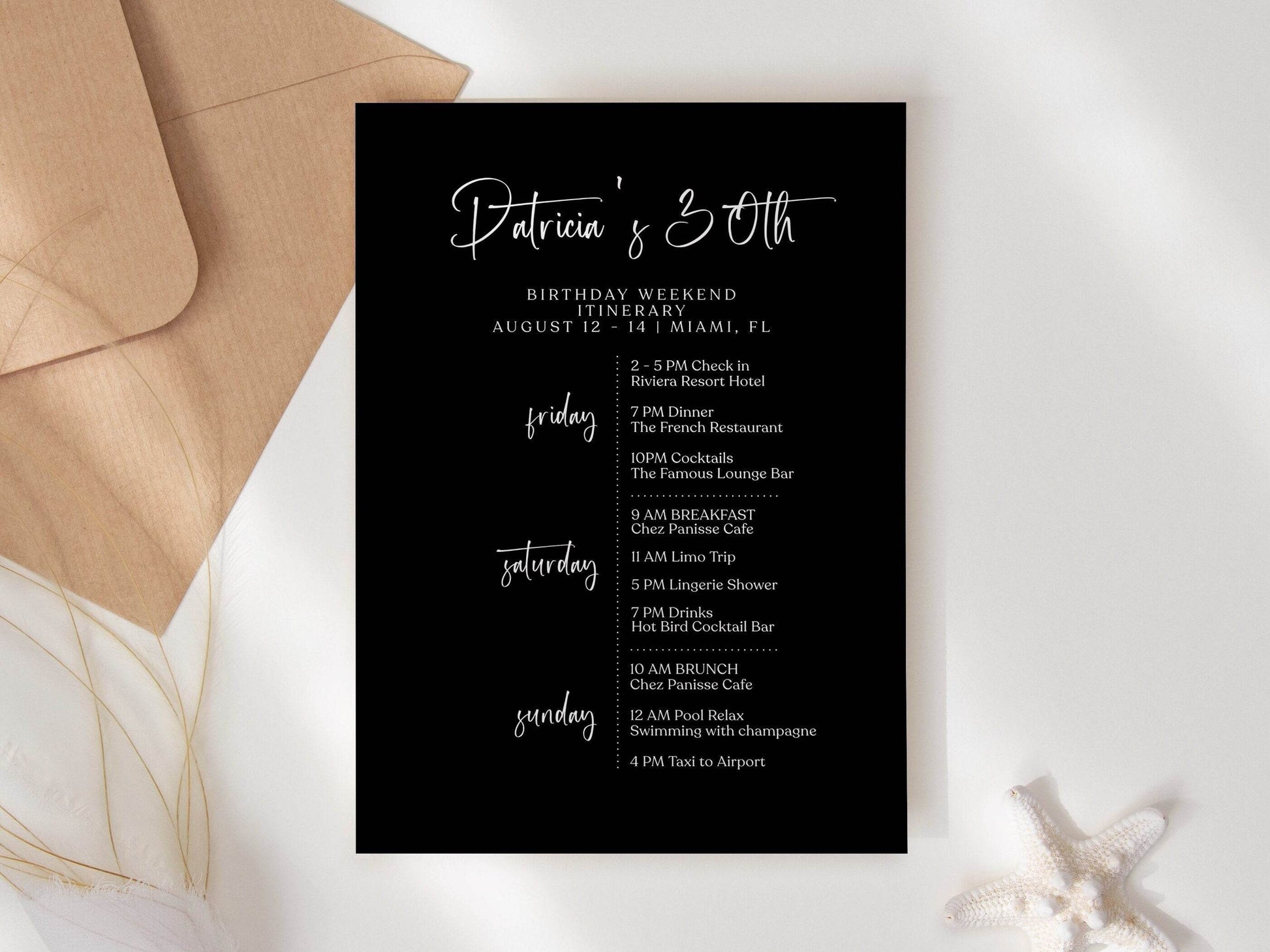 Printable Black Birthday Itinerary Template – Editable Minimalist Weekend Schedule – Digital Birthday Weekend Planner – Simple & Elegant Itinerary