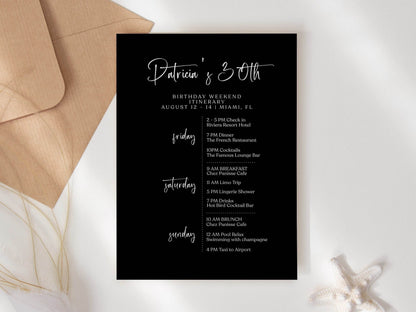 Printable Black Birthday Itinerary Template – Editable Minimalist Weekend Schedule – Digital Birthday Weekend Planner – Simple & Elegant Itinerary