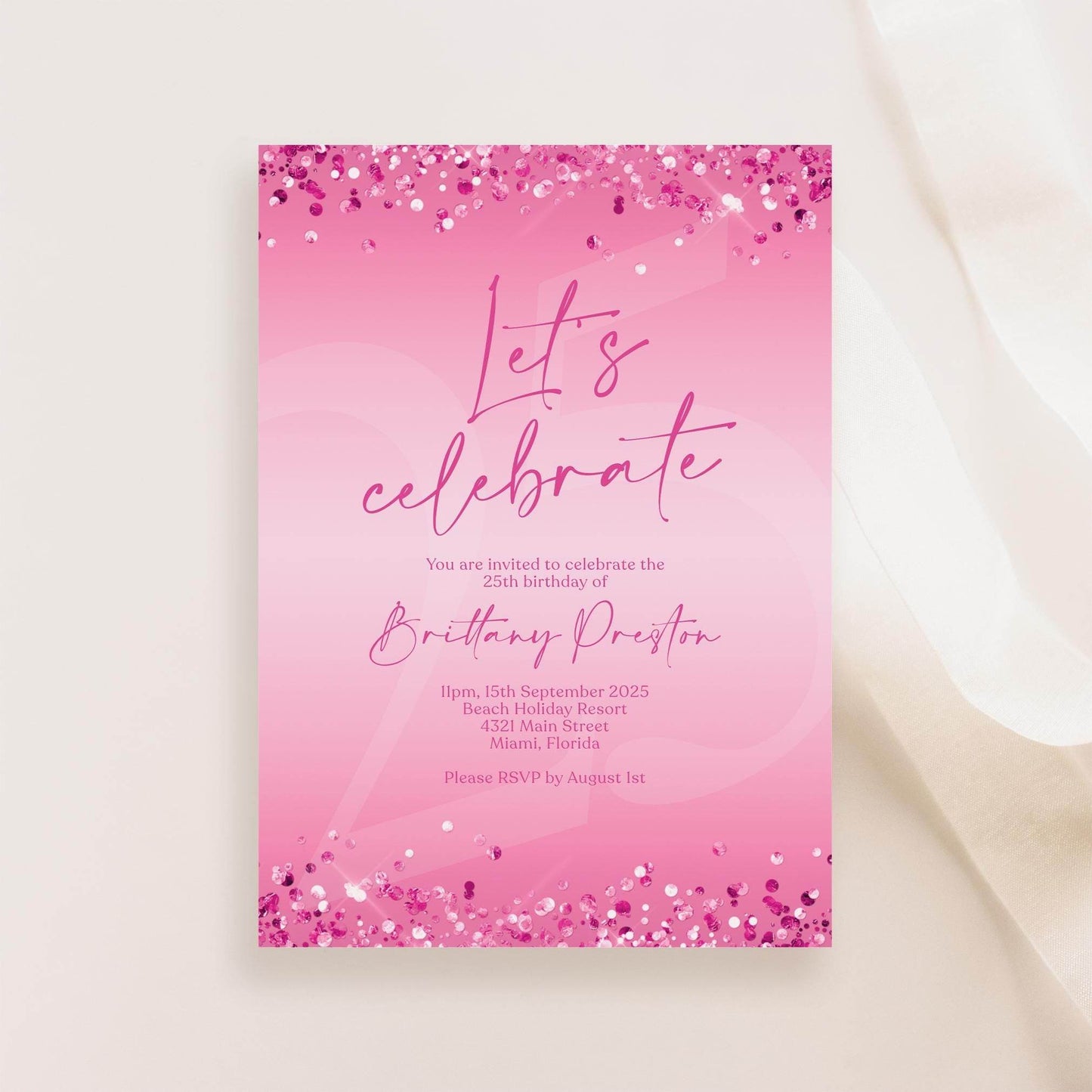 Fuchsia Pink Birthday Invitation Template, Editable Let’s Celebrate Party Evite, Digital Text Message Invite for Women, Any Age, Instant Download