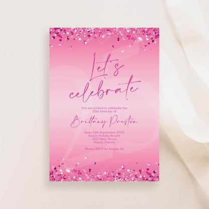Fuchsia Pink Birthday Invitation Template, Editable Let’s Celebrate Party Evite, Digital Text Message Invite for Women, Any Age, Instant Download