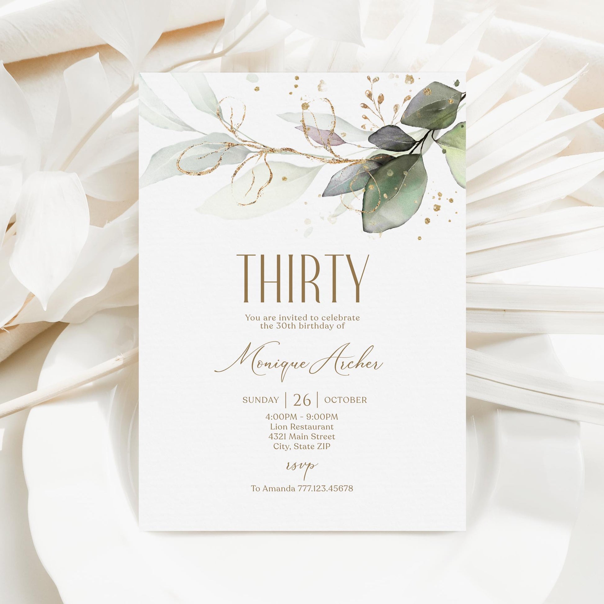 Editable Thirty 30th birthday Invitation Card Template, Printable Greenery Gold Leaves Birthday Invite, Digital Template, Email Text Message