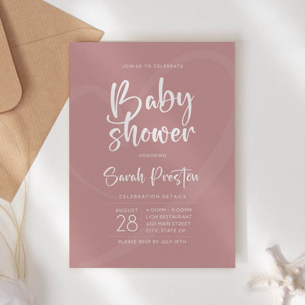 Minimalist Dusty Rose Baby Shower Invitation – Editable Printable Invite for Girl | Modern Simple Baby Shower Evite | Text or Email Template