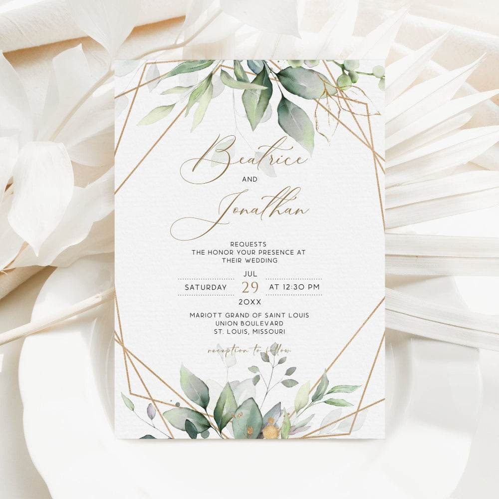 Printable Elegant Greenery Wedding Invitation Template | Gold Geometric Sage Green Invite | Editable Wedding Template | Instant Download