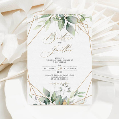 Printable Elegant Greenery Wedding Invitation Template | Gold Geometric Sage Green Invite | Editable Wedding Template | Instant Download