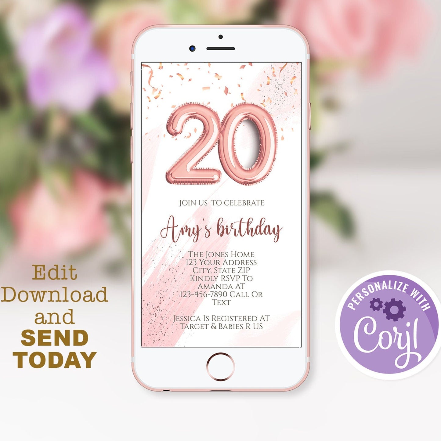 Electronic 20th Birthday Text Invitation Template – Editable & Digital