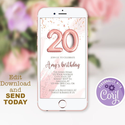 Electronic 20th Birthday Text Invitation Template – Editable & Digital