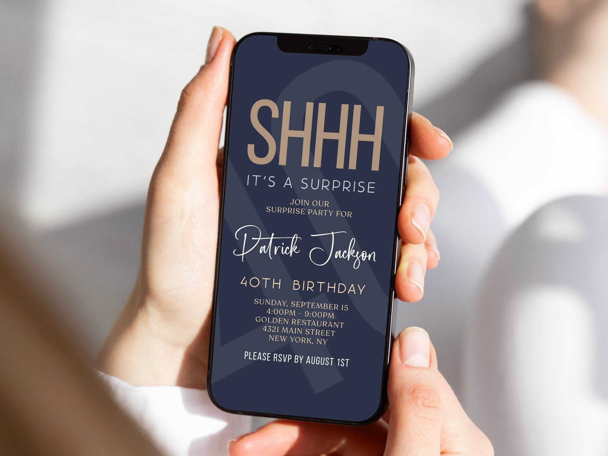 Digital Navy Gold 40th Forty Shhh It's a Surprise, Electronic Birthday Invitation Template, Editable Text Message Invite, Custom Phone Evite