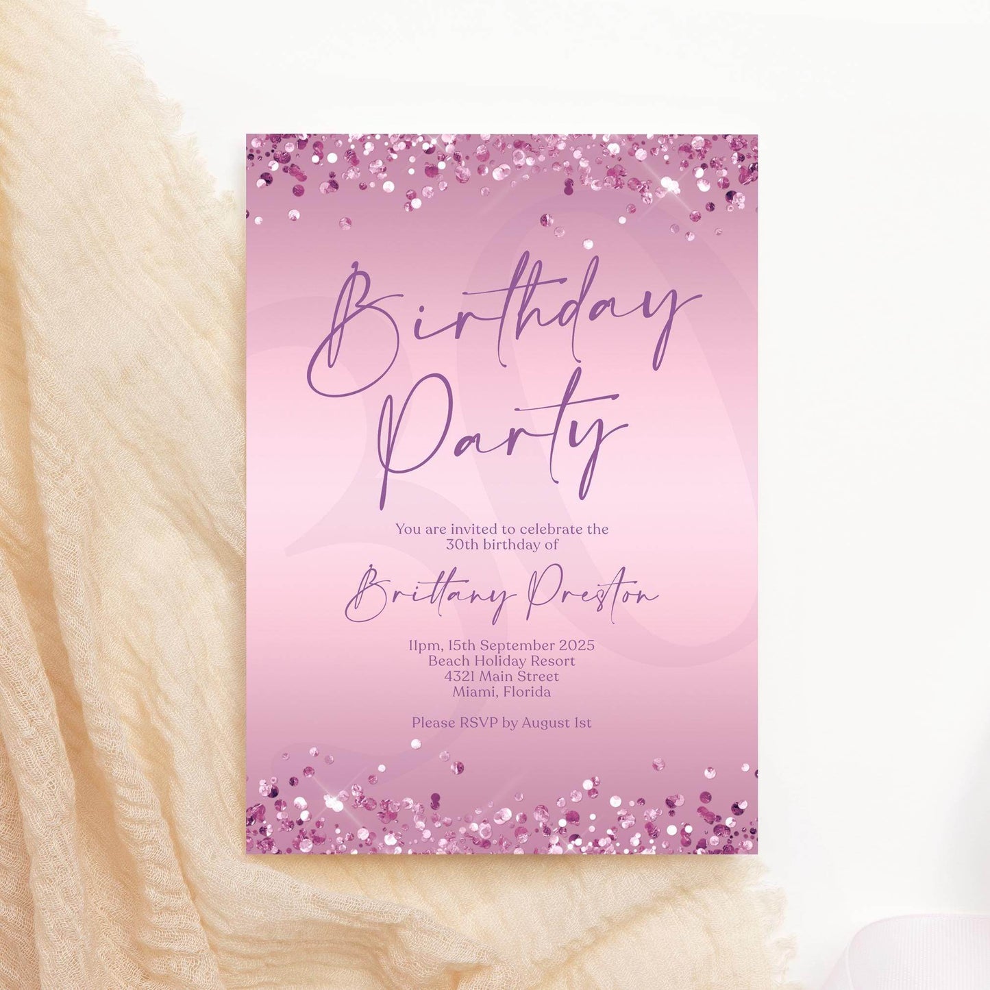 Editable Purple Birthday Party Invitation Template, Printable Woman Birthday Invite, Any Age Birthday Card Invite, Modern Email Text Message