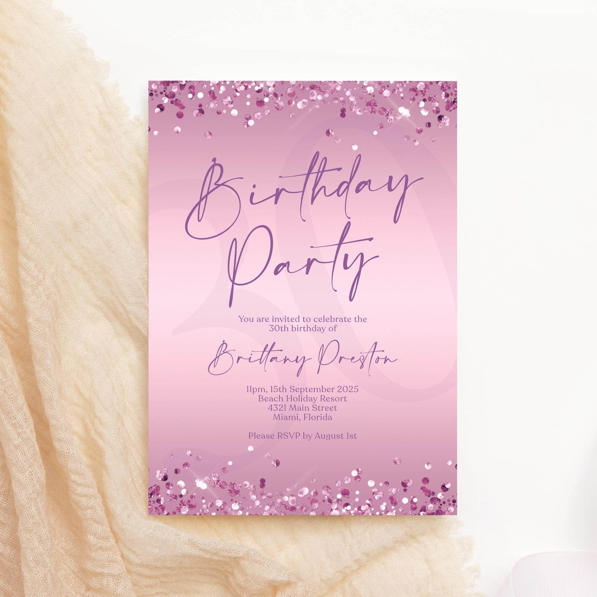 Editable Purple Birthday Party Invitation Template, Printable Woman Birthday Invite, Any Age Birthday Card Invite, Modern Email Text Message