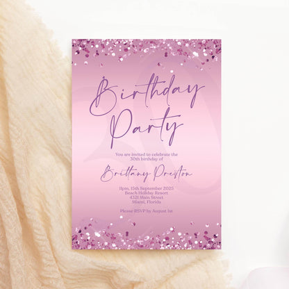 Editable Purple Birthday Party Invitation Template, Printable Woman Birthday Invite, Any Age Birthday Card Invite, Modern Email Text Message