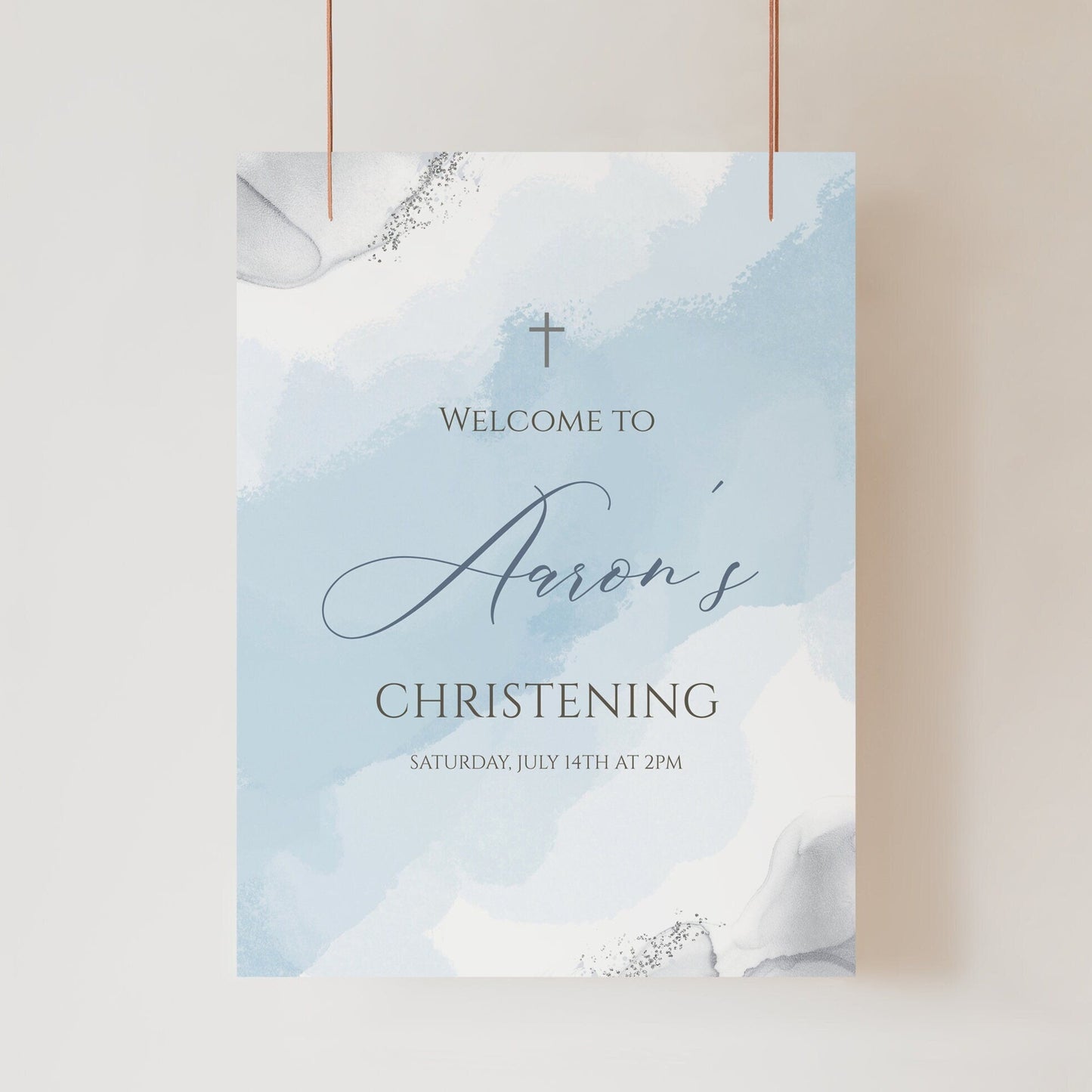 Blue Silver Boy Christening Welcome Sign Template, Printable Christening Welcome Poster, Editable Baptism Welcome Board, Christening Decor