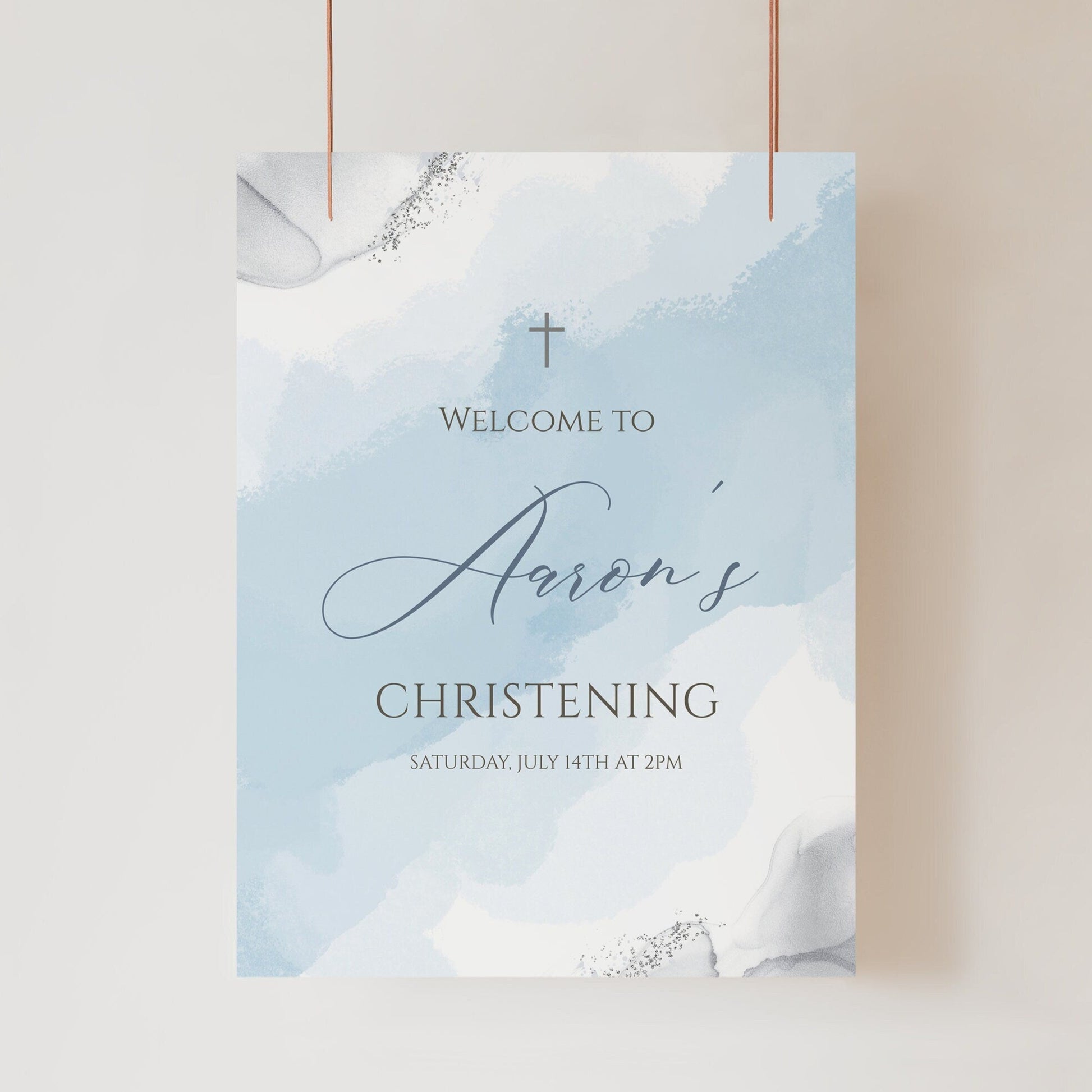 Blue Silver Boy Christening Welcome Sign Template, Printable Christening Welcome Poster, Editable Baptism Welcome Board, Christening Decor