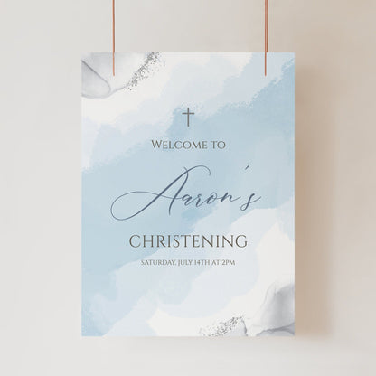 Blue Silver Boy Christening Welcome Sign Template, Printable Christening Welcome Poster, Editable Baptism Welcome Board, Christening Decor