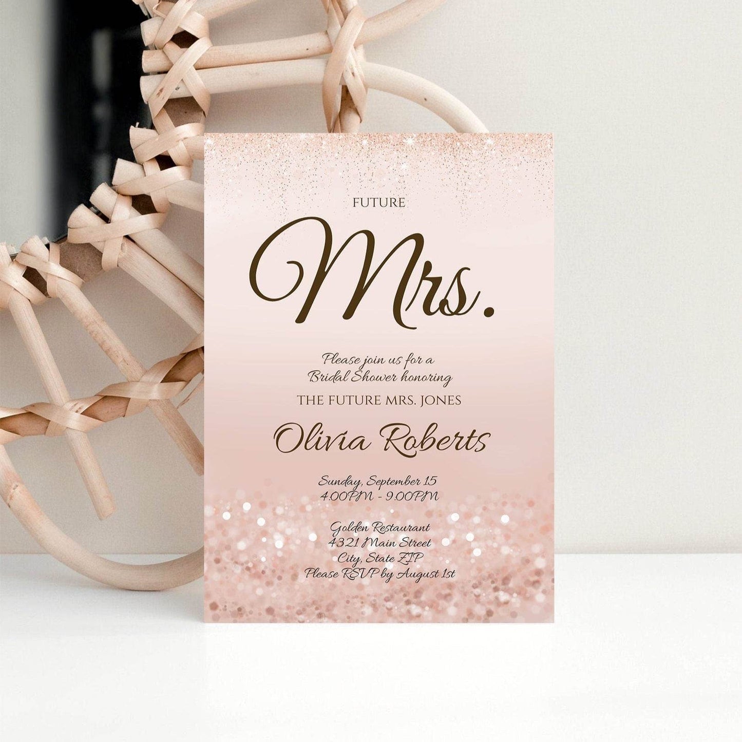 Printable Bridal Shower Invitation | Editable Future Mrs. Rose Gold Glitter Invite | Digital Text or Print Template | Instant Download