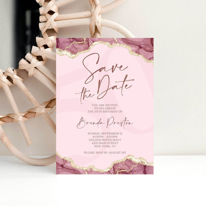 Save the Date Birthday Invitation Template, Editable Burgundy Gold & Pink Luxury Invite, Digital Text-Message Evite, Instant Download
