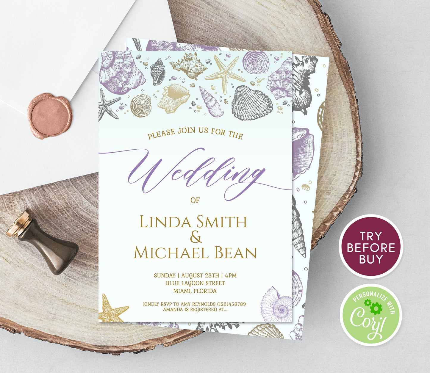 Beach Theme Wedding Invitation Template, Destination Wedding Invite, Gold Ocean Invitation, Seashells Starfish Beach Wedding Invite Download