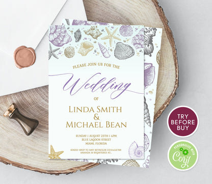 Beach Theme Wedding Invitation Template, Destination Wedding Invite, Gold Ocean Invitation, Seashells Starfish Beach Wedding Invite Download