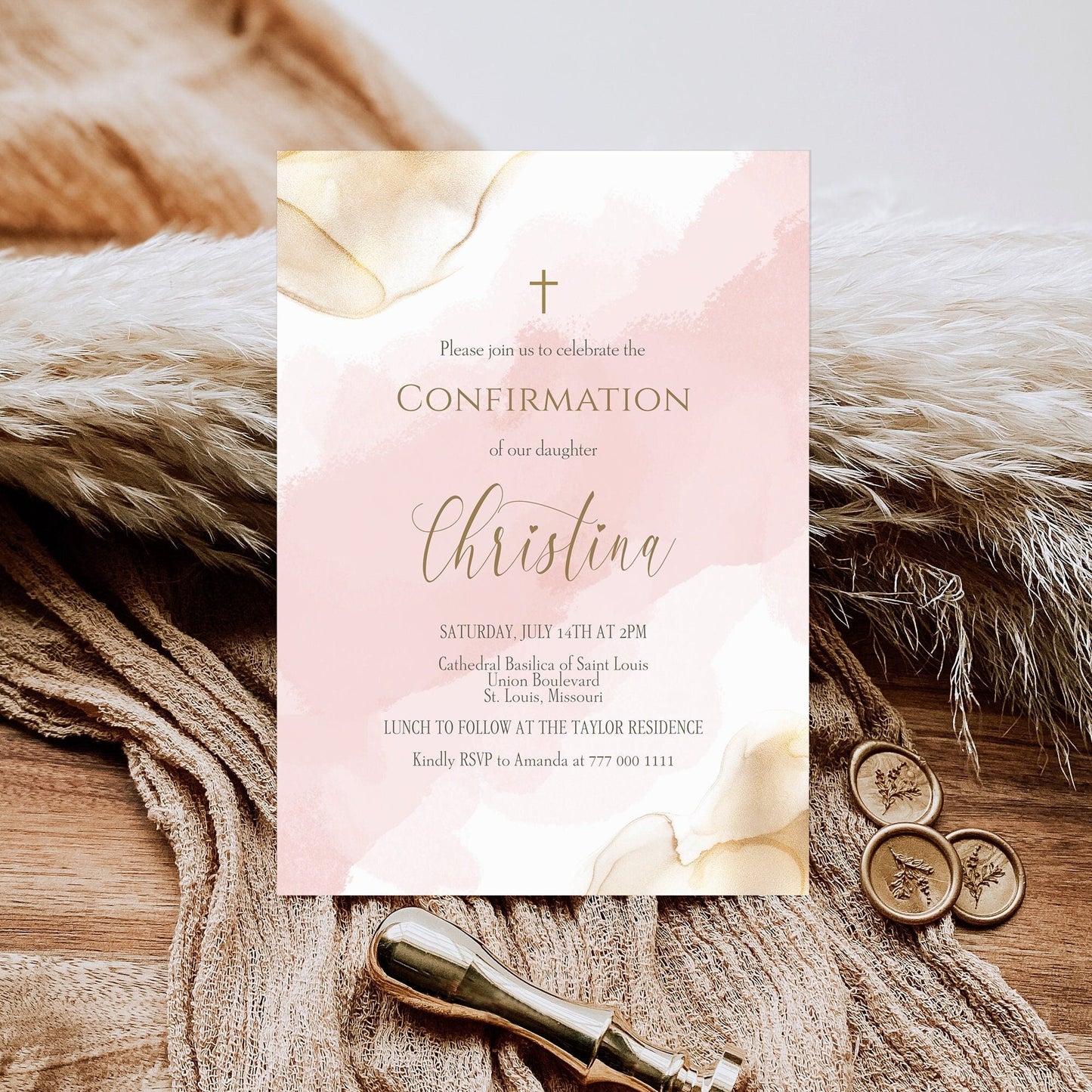 Editable Girl Confirmation Invitation Template, Printable Pink Gold Watercolor Girl Confirmation Invite, Email Text Message Evite, Digital