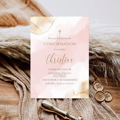 Editable Girl Confirmation Invitation Template, Printable Pink Gold Watercolor Girl Confirmation Invite, Email Text Message Evite, Digital