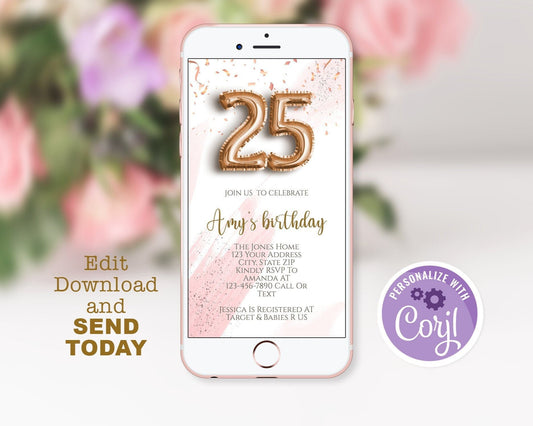 Gold Electronic 25th birthday text invitation template, 25th editable birthday text invite, Pink digital invitation, announcement, template
