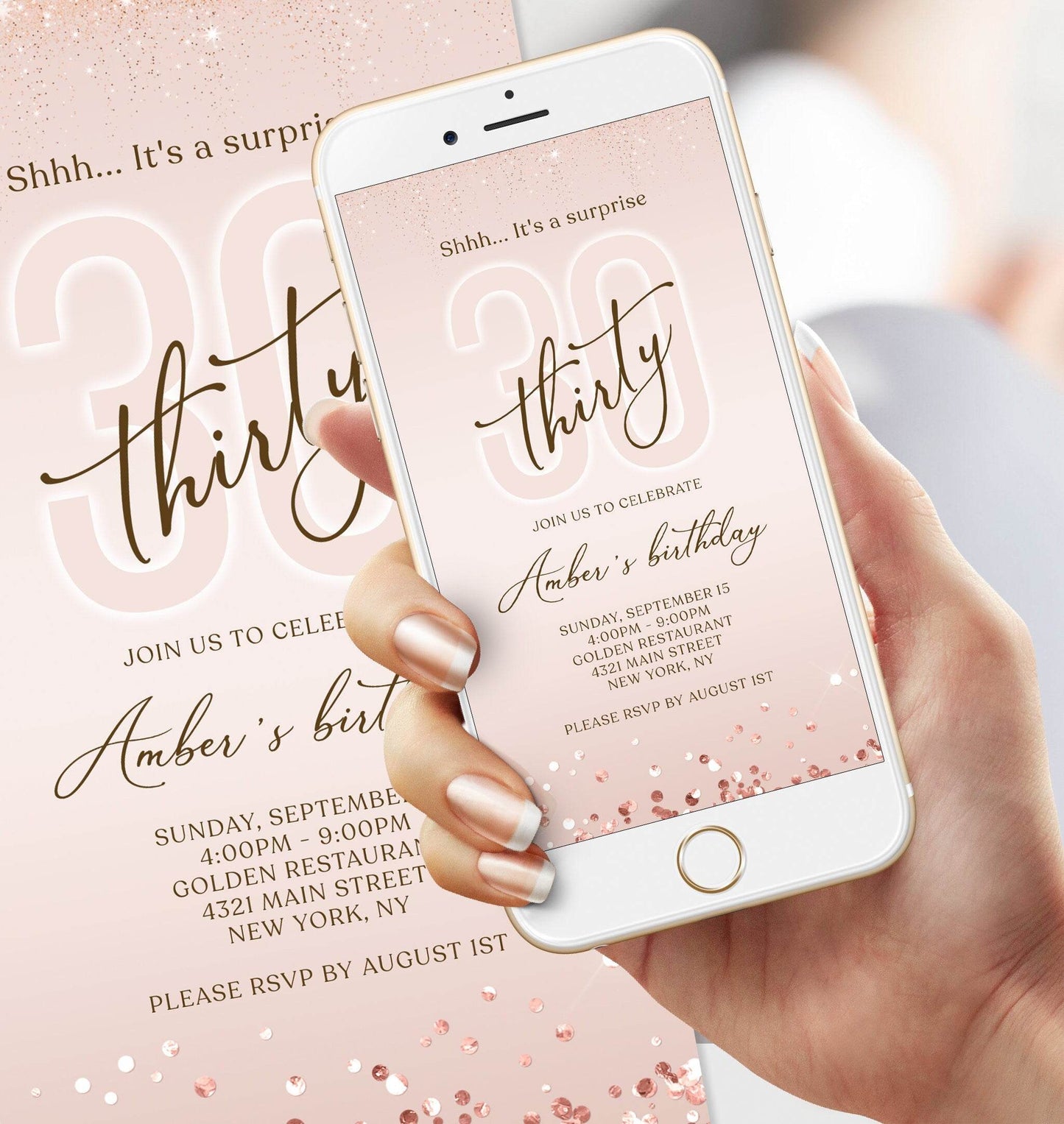 Digital Shhh it's a surprise 30th thirty text invitation template, Rose Gold Electronic Editable invite, Text Message Evite, Phone Invite