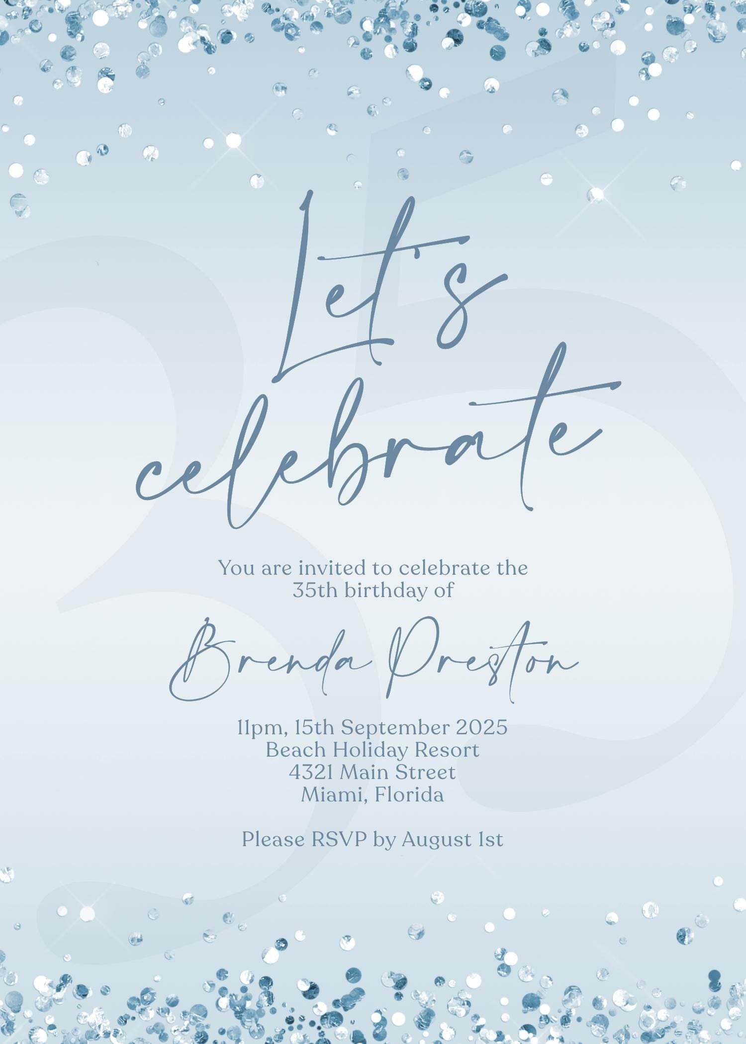 Printable Blue Silver Birthday Invitation | Editable Let's Celebrate Confetti Invite | Digital Any Age Party Template | Text Message Evite