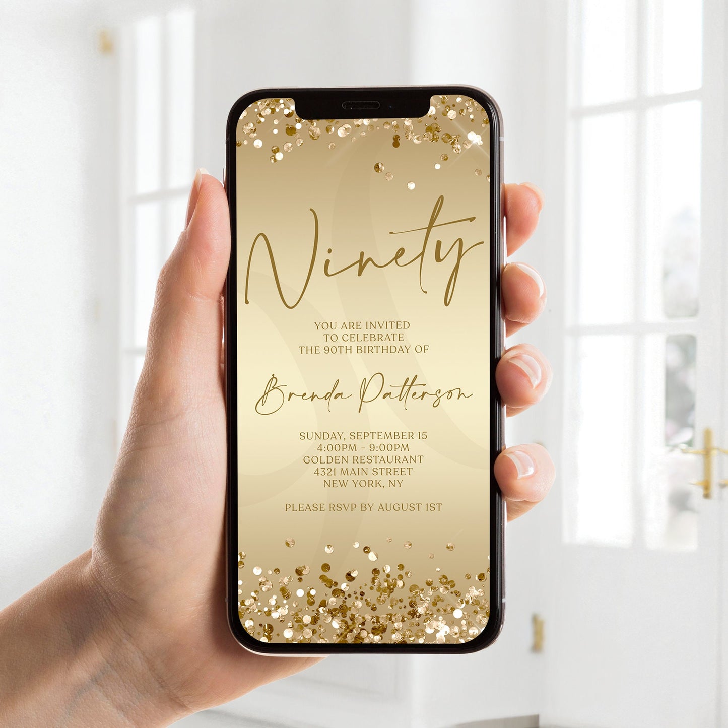 Digital Gold Ninety 90th Birthday Invitation Template, Electronic Birthday Evite, Gold Confetti Birthday Invitation, Editable Text Message