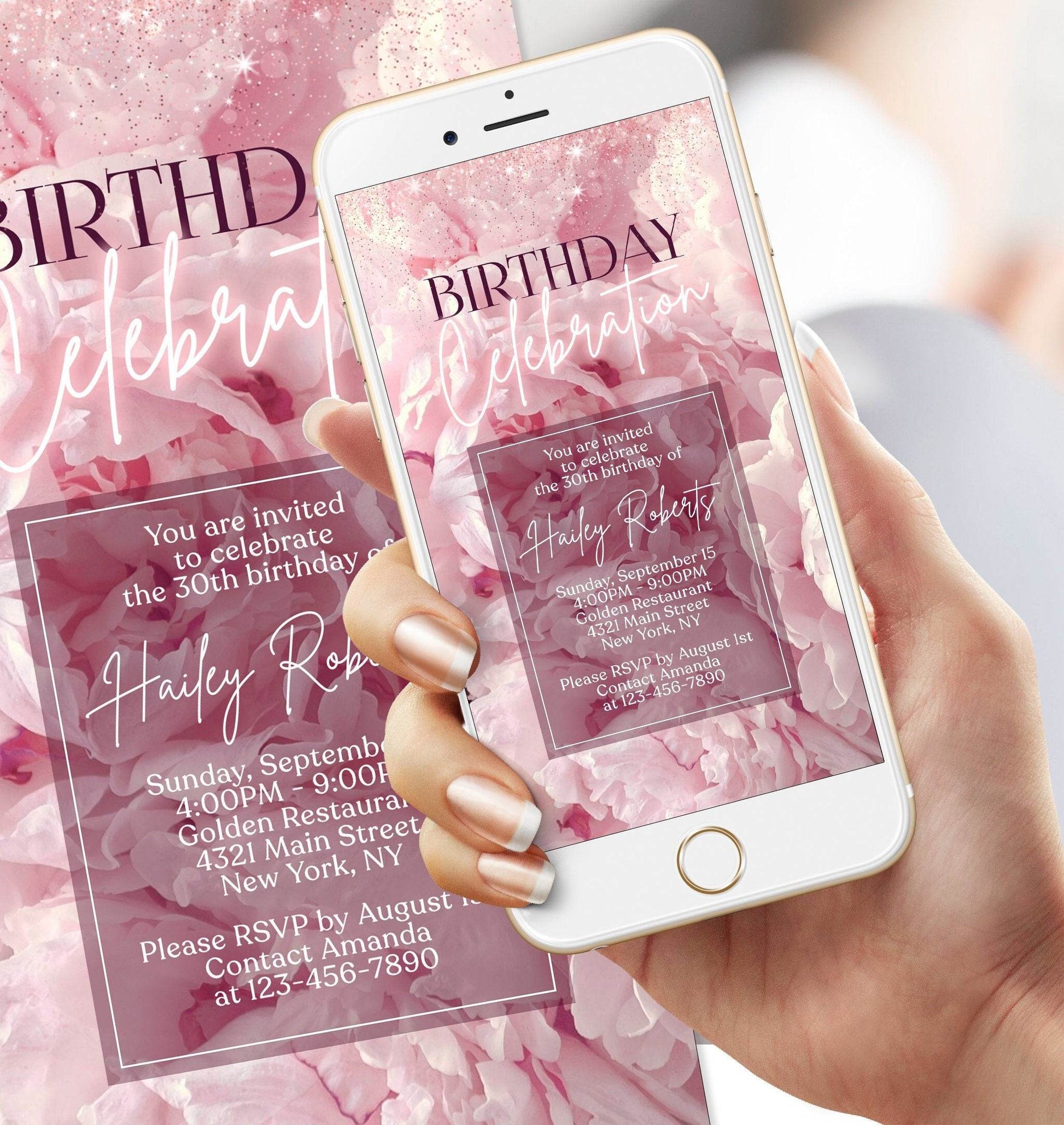 Digital Blush Pink Floral Birthday Celebration Invitation, Electronic Birthday Party Invite, Editable Phone Template, Text Message Evite