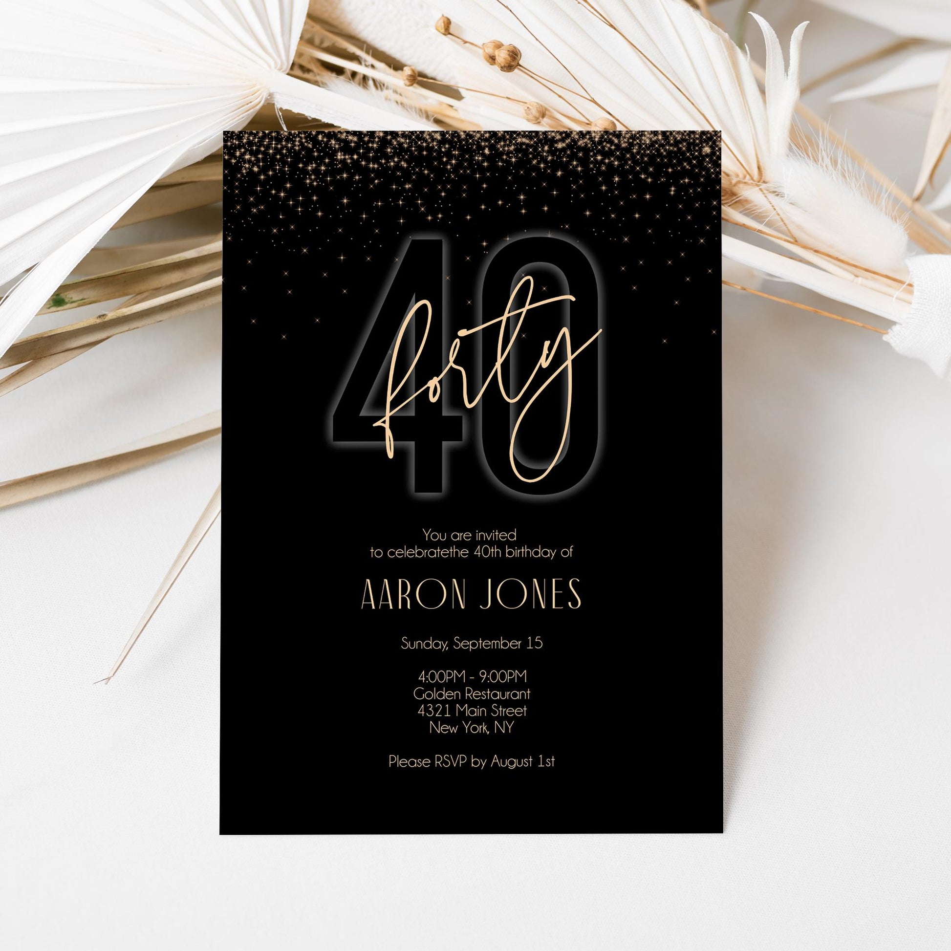 40th Birthday Invitation Printable, Forty Birthday Party, Black Gold Men Birthday Invitation, Editable Luxury Invite, Instant Download, 5x7