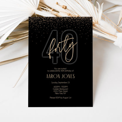 40th Birthday Invitation Printable, Forty Birthday Party, Black Gold Men Birthday Invitation, Editable Luxury Invite, Instant Download, 5x7