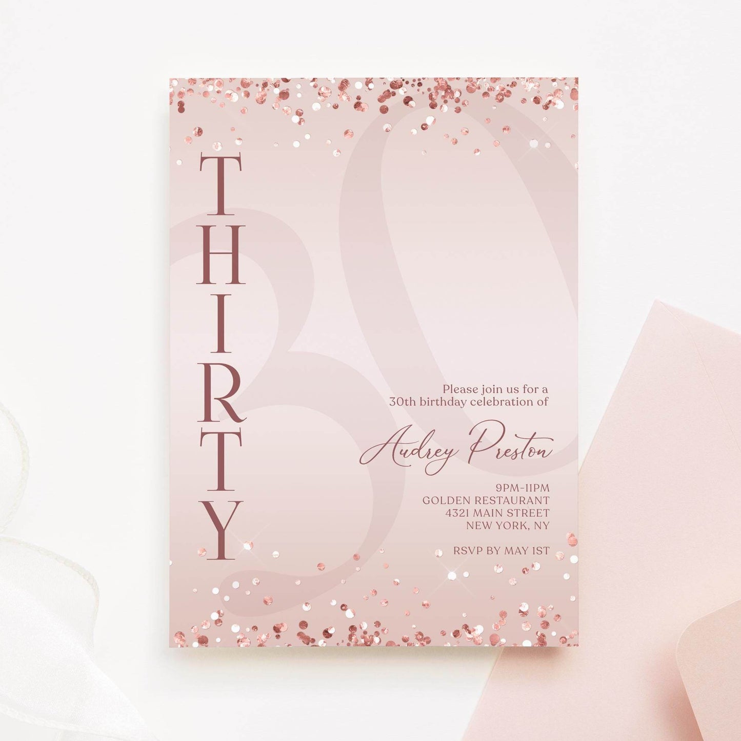Luxury Rose Gold 30th Birthday Invitation – Editable Pink Surprise Party Invite – Digital Text or Email Template – Instant Download