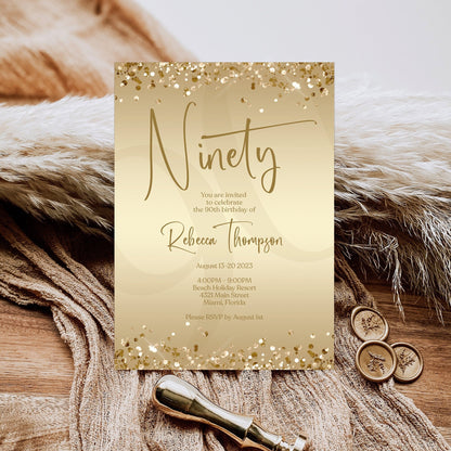 Printable 90th Birthday Invitation Template – Gold Confetti Design