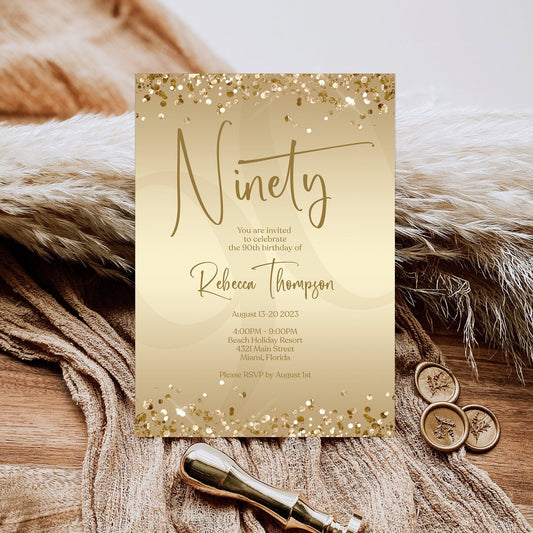 Printable 90th Birthday Invitation Template – Gold Confetti Design