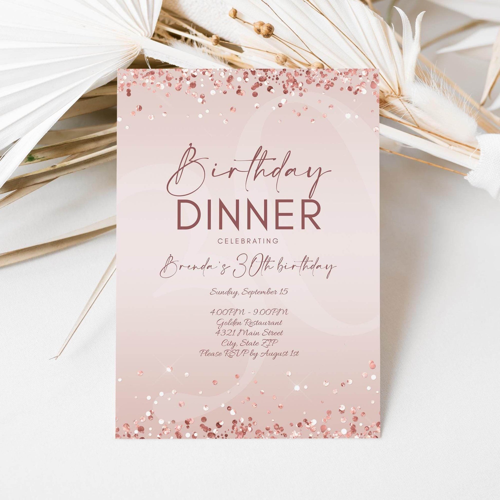 Birthday Dinner Invitation Template Printable, Editable Rose Gold Birthday Dinner Invite, Any Age Birthday, Email Text Message Invitation