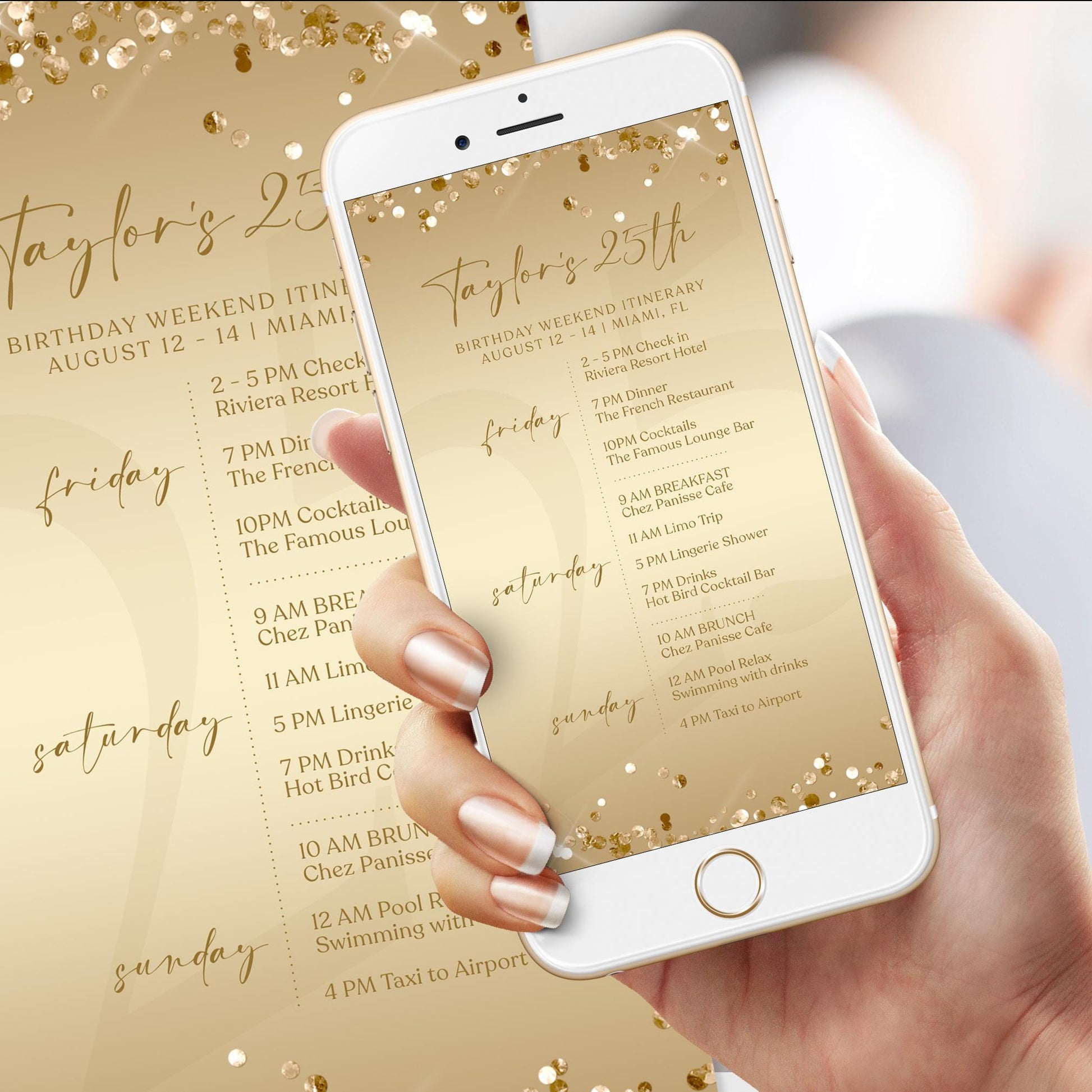 Electronic Golden Birthday Weekend Itinerary Template, Editable Birthday Itinerary, Digital Birthday Weekend Schedule, Gold Itinerary Invite