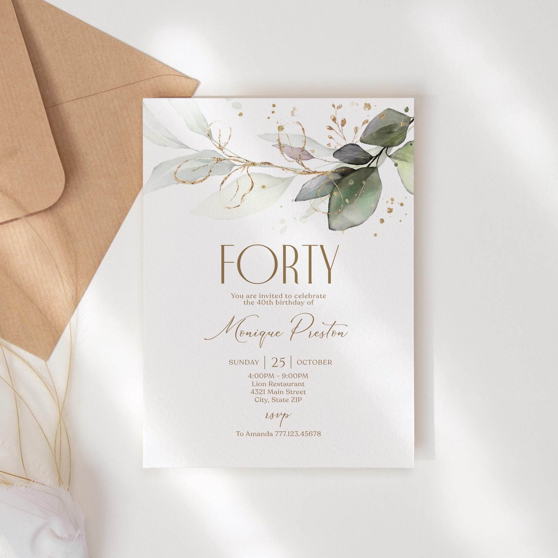 Editable Forty 40th birthday Invitation Card Template, Printable Greenery Gold Leaves Birthday Invite, Digital Template, Email Text Message