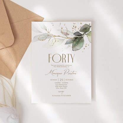 Editable Forty 40th birthday Invitation Card Template, Printable Greenery Gold Leaves Birthday Invite, Digital Template, Email Text Message