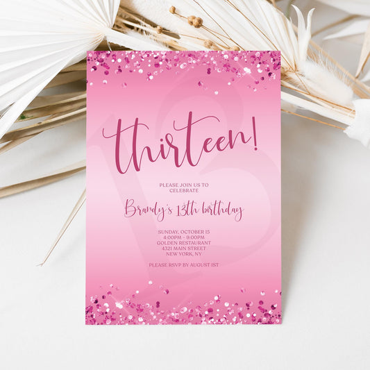 Hot Pink 13th Birthday Invitation Template | Editable Digital Download