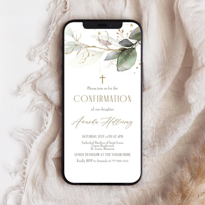Digital Greenery Confirmation Invitation Template, Electronic Confirmation Invite, Boy or Girl Baptism, Editable Baptism Text Message Evite