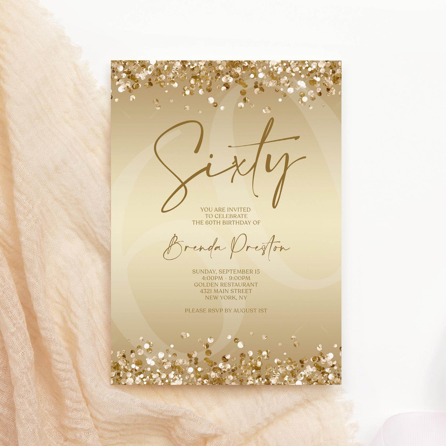 Gold Sixty 60th Invitation Template Printable, Editable Gold Confetti 60th Birthday Invite, Email Text Message, Ladies Surprise Party Card