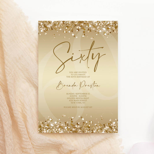 Gold Sixty 60th Invitation Template Printable, Editable Gold Confetti 60th Birthday Invite, Email Text Message, Ladies Surprise Party Card
