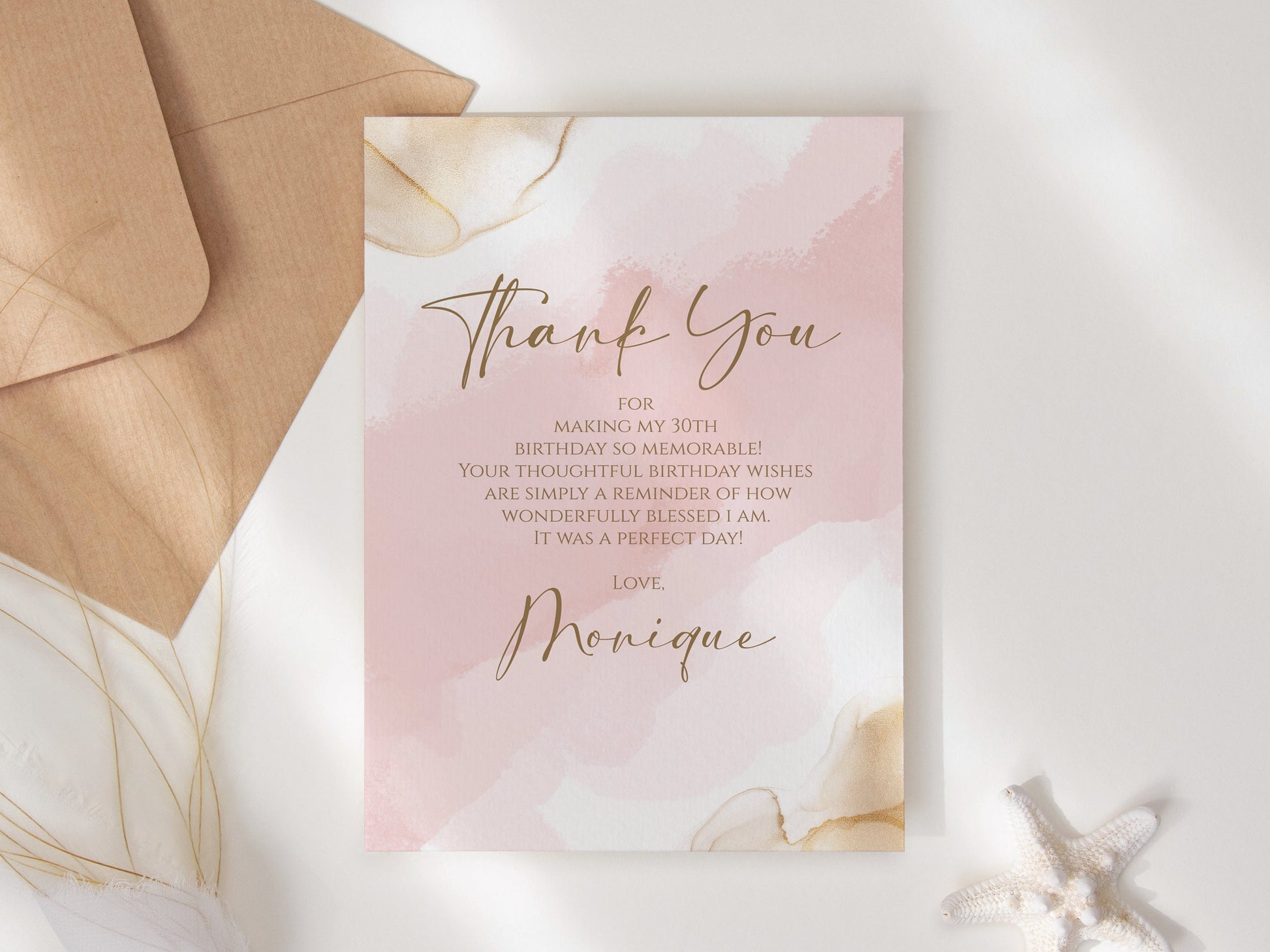 Pink Gold Watercolor Birthday Thank You Card, Thank You Card Anniversary, Editable Thank You Card, Thank You Template, Pink Digital Template