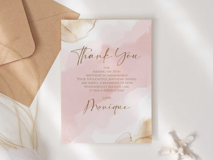 Pink Gold Watercolor Birthday Thank You Card, Thank You Card Anniversary, Editable Thank You Card, Thank You Template, Pink Digital Template