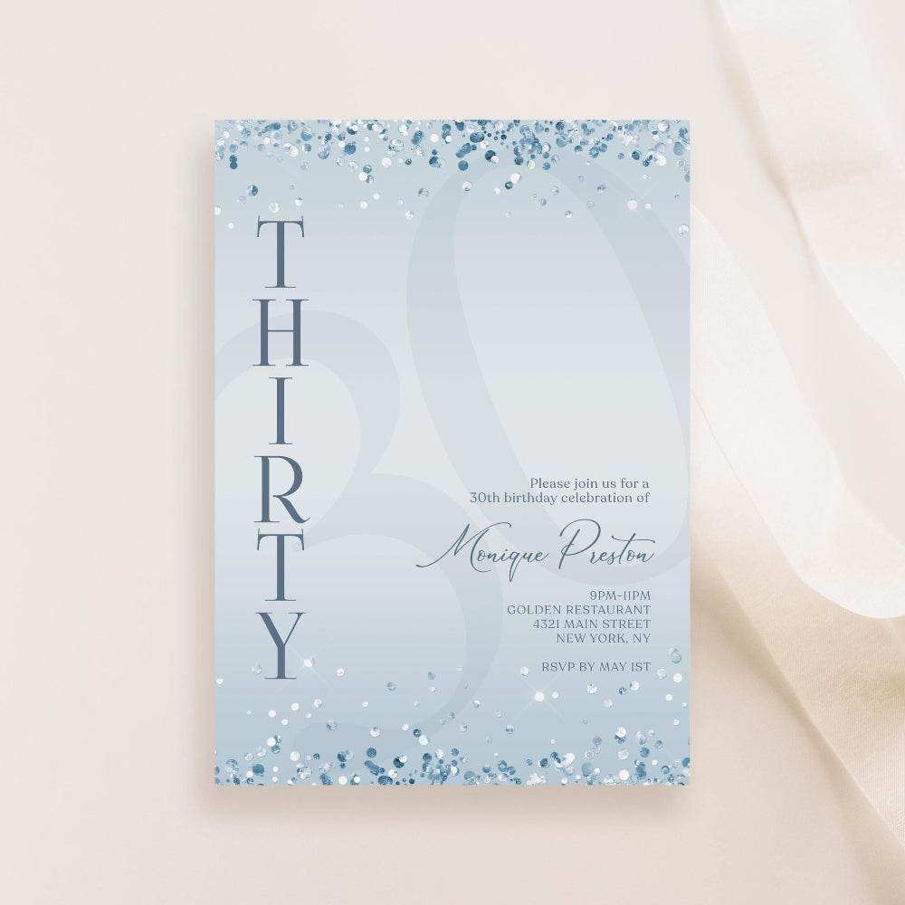 Editable Blue Confetti 30th Birthday Invitation Template | Printable Surprise Party Invite | Modern Digital Download for Text or Email