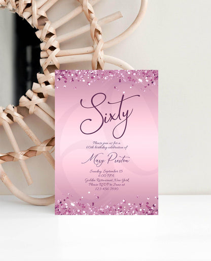 Editable 60th Birthday Invitation Template for Women, Printable Purple Gold Birthday Party Invite, Luxury Lavender Birthday Dinner Card, Email Text Message Evite, Instant Download