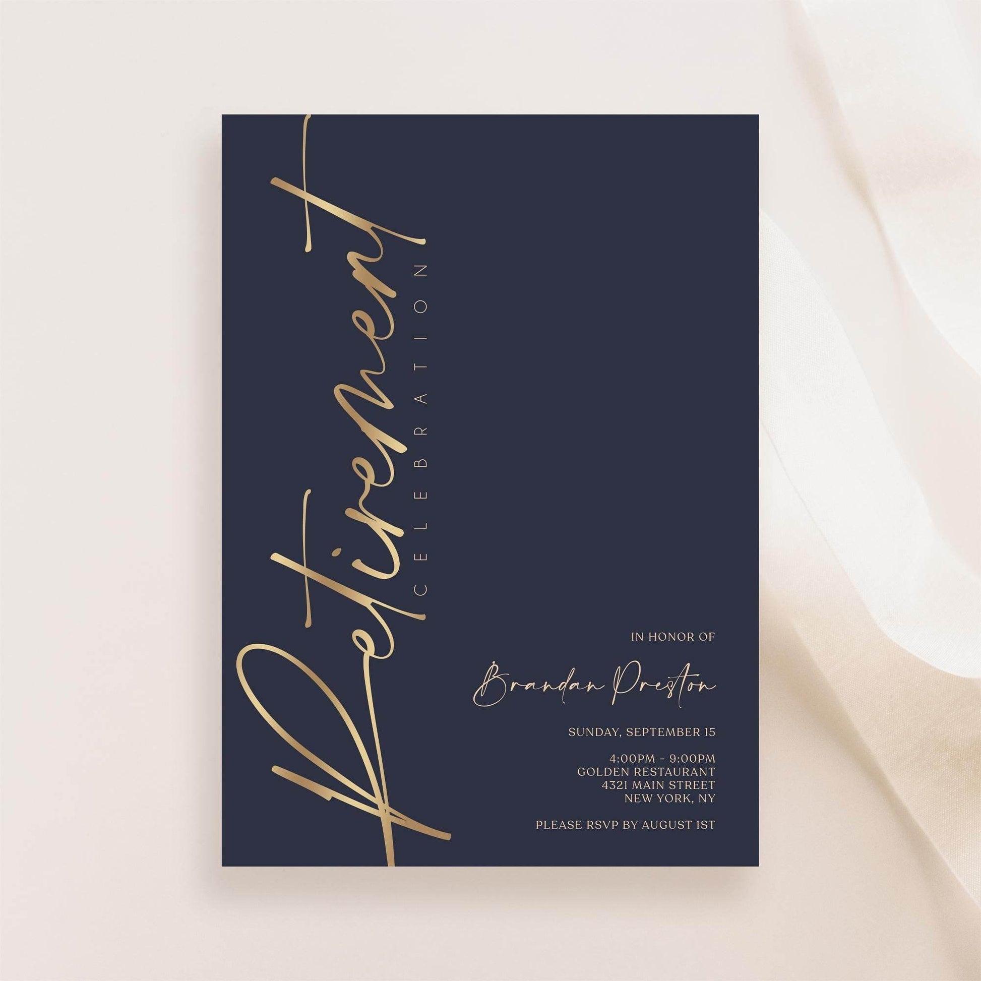 Navy Gold Retirement Party Invitation Template, Editable Digital Invite, Printable Retirement Card, Email & Text Message Evite, Instant Download