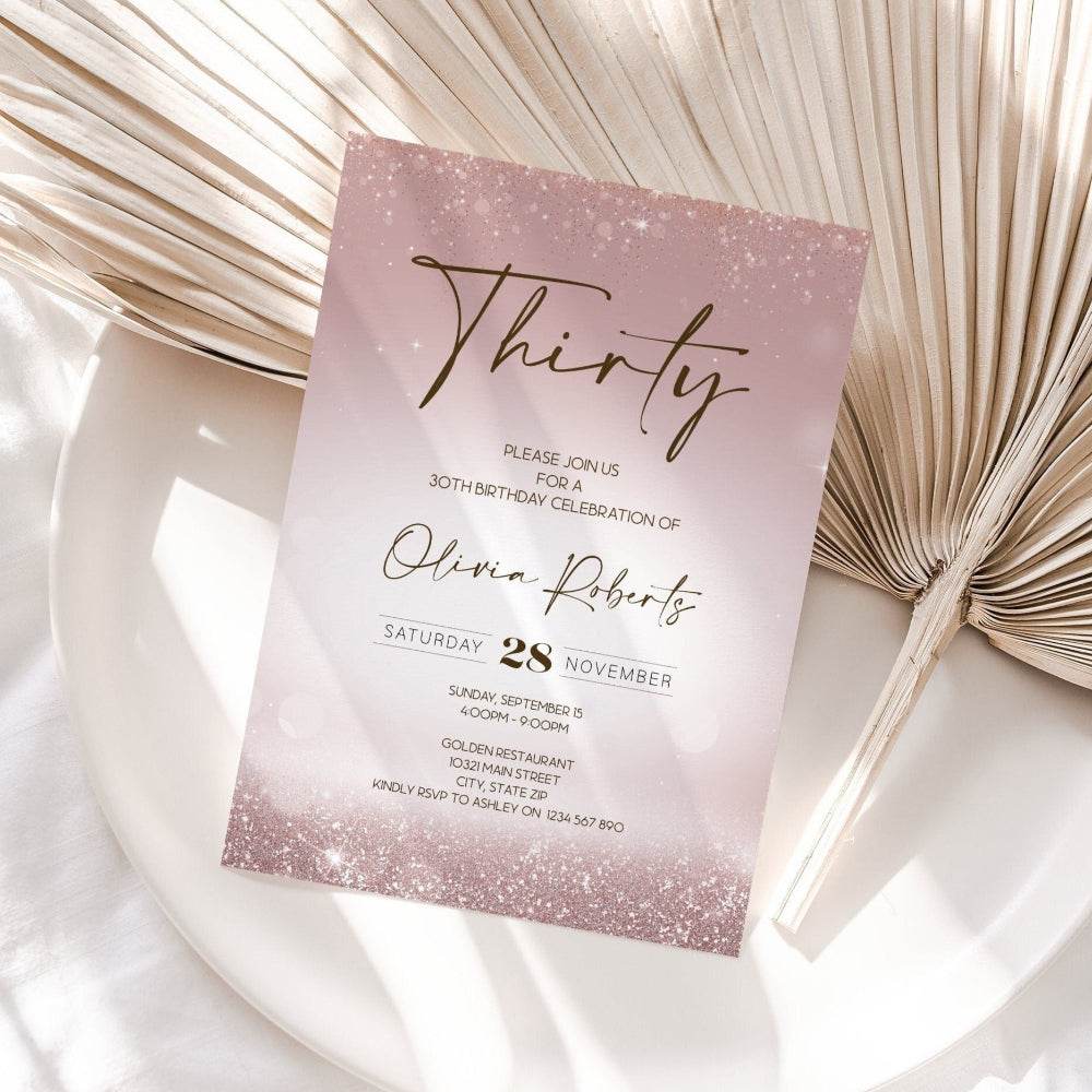 Luxury 30th Birthday Invitation Template – Rose Gold Glitter Editable Invite – Printable 5x7 Digital Download – Thirty Birthday Evite Text Message