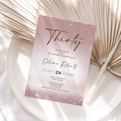 Luxury 30th Birthday Invitation Template – Rose Gold Glitter Editable Invite – Printable 5x7 Digital Download – Thirty Birthday Evite Text Message