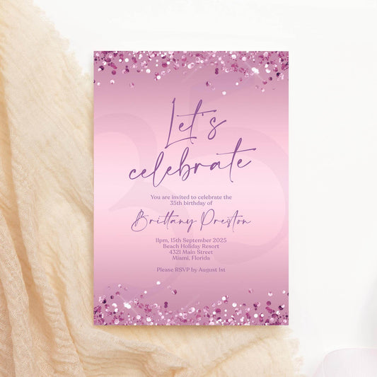 Printable Purple Let's Celebrate Invitation Template, Ladies Birthday Celebration Invite, Editable Text Message Invitation, Any Age Birthday