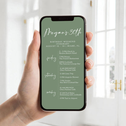 Digital Sage Green 30th Thirty Birthday Itinerary Template, Editable Birthday Weekend Itinerary, Electronic Weekend Itinerary Invitation